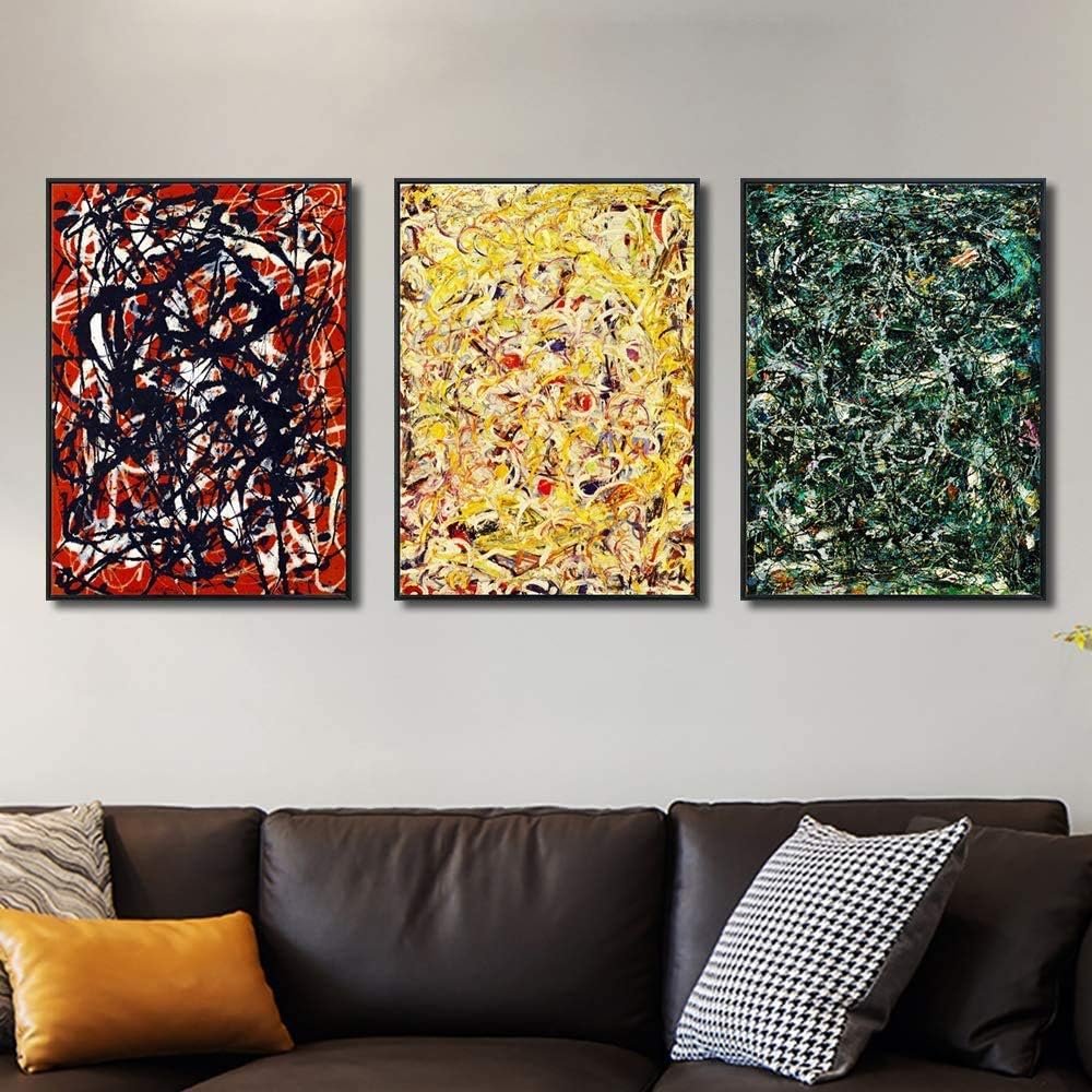 INVIN ART Framed Canvas Giclee Print Art Combo Painting 3 Pieces by Jackson Pollock Wall Art Series#12 (Black Slim Frame,20"x28"Each Piece)