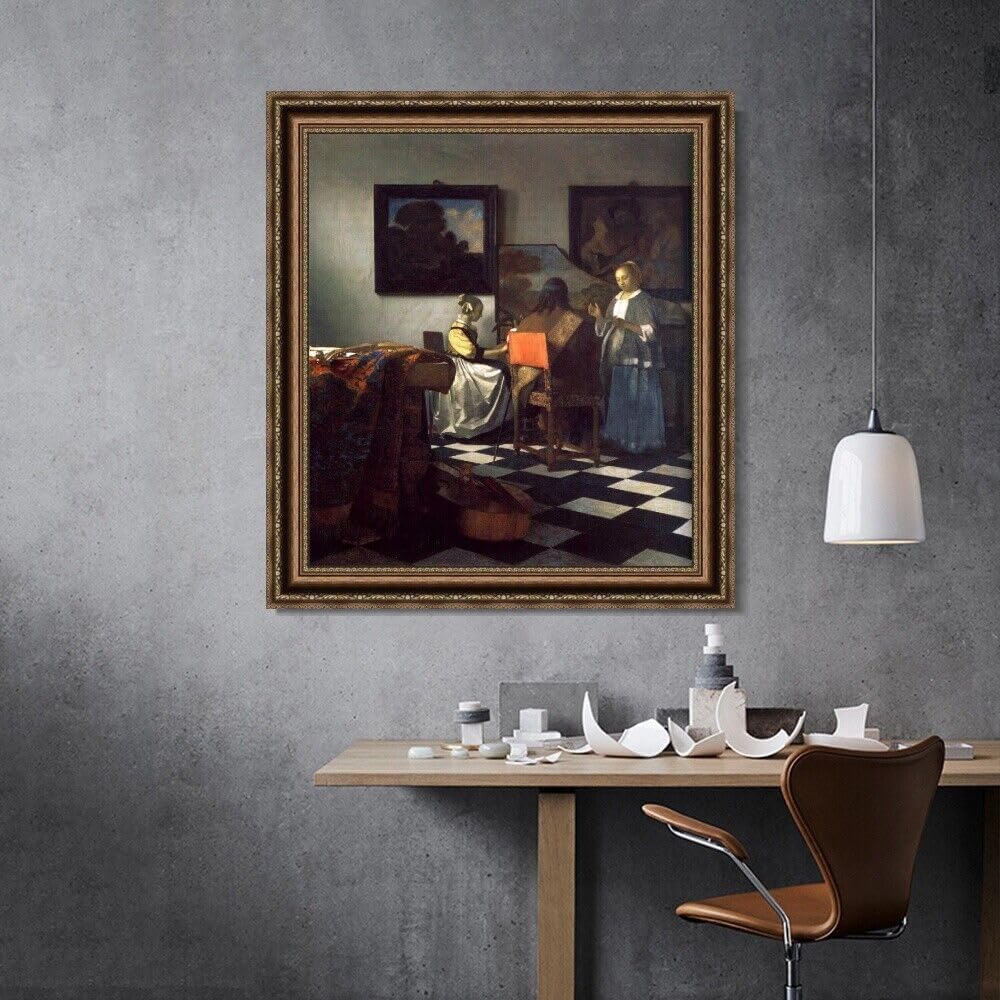INVIN ART Framed Canvas Art Giclee Print The Concert by Johannes Vermeer Wall Art (Vintage Embossed Gold frame,28"x32")