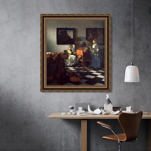 INVIN ART Framed Canvas Art Giclee Print The Concert by Johannes Vermeer Wall Art Living Room Home Office Decorations(Vintage Embossed Gold frame,28"x32")