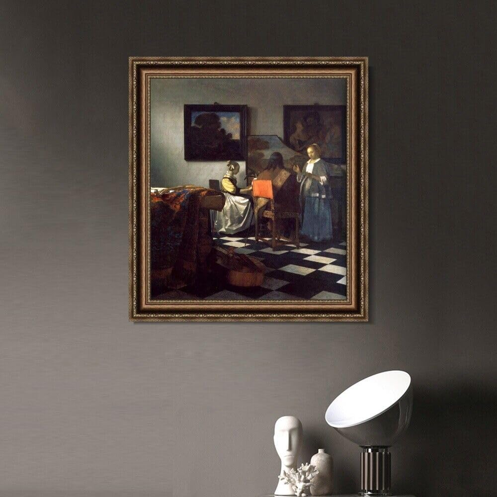 INVIN ART Framed Canvas Art Giclee Print The Concert by Johannes Vermeer Wall Art (Vintage Embossed Gold frame,28"x32")
