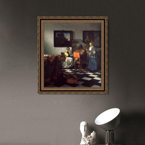 INVIN ART Framed Canvas Art Giclee Print The Concert by Johannes Vermeer Wall Art Living Room Home Office Decorations(Vintage Embossed Gold frame,28"x32")