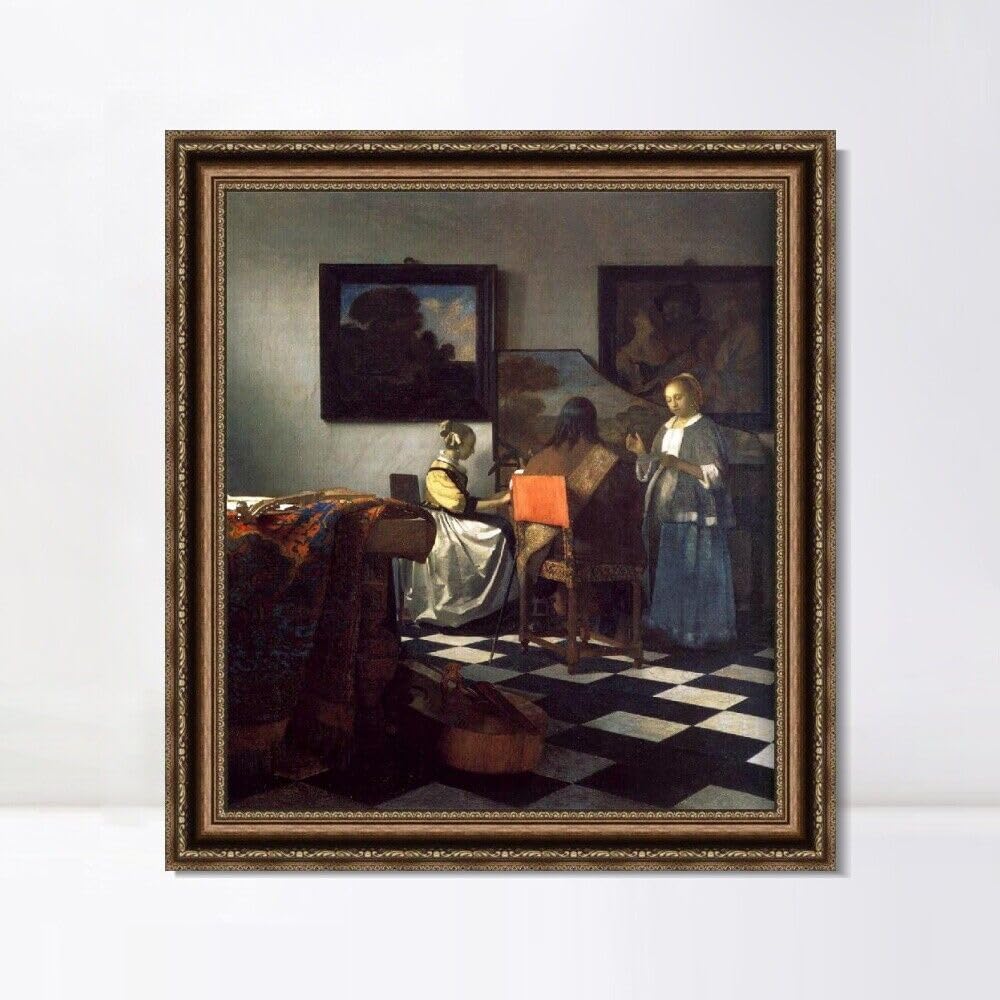 INVIN ART Framed Canvas Art Giclee Print The Concert by Johannes Vermeer Wall Art (Vintage Embossed Gold frame,28"x32")