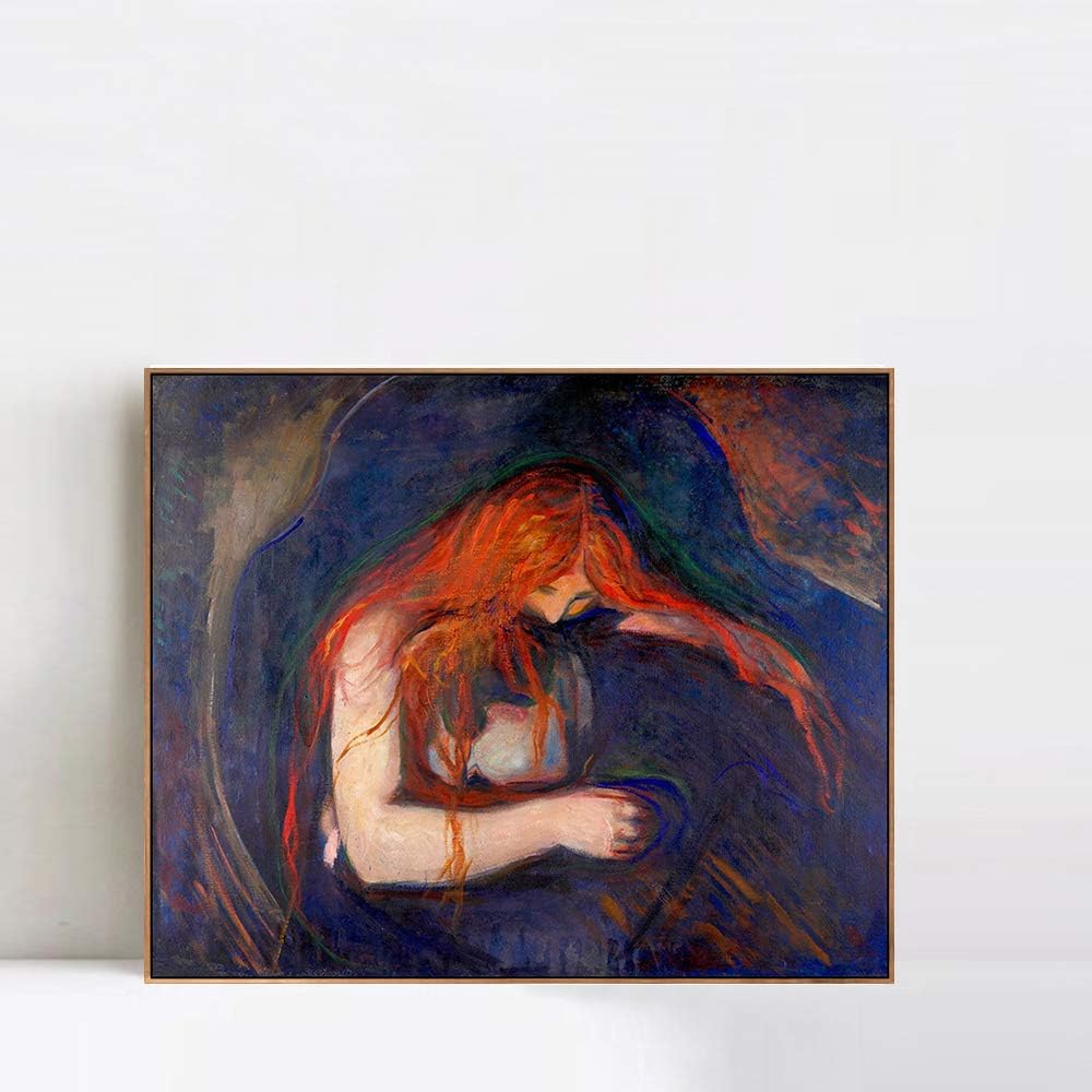 INVIN ART Framed Canvas Giclee Print Vampire, 1895 by Edvard Munch Wall Art (Wood Color Slim Frame,24"x28")