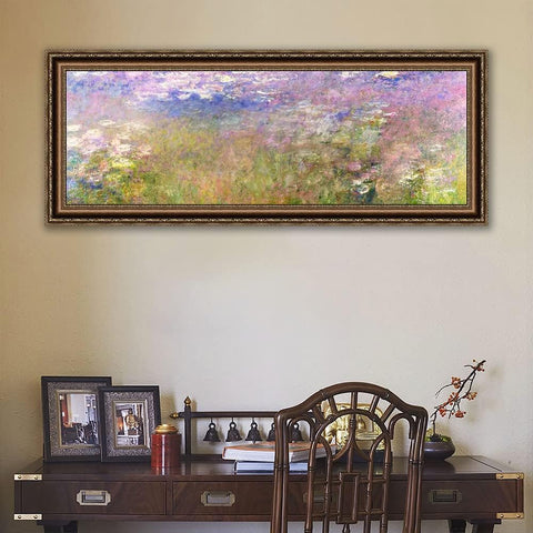 INVIN ART Framed Canvas Wall Art Water lily#34 by Claude Monet Famous Painting Artwork Decor for Home Office Decorations(Vintage Embossed gold frame,16"x36")