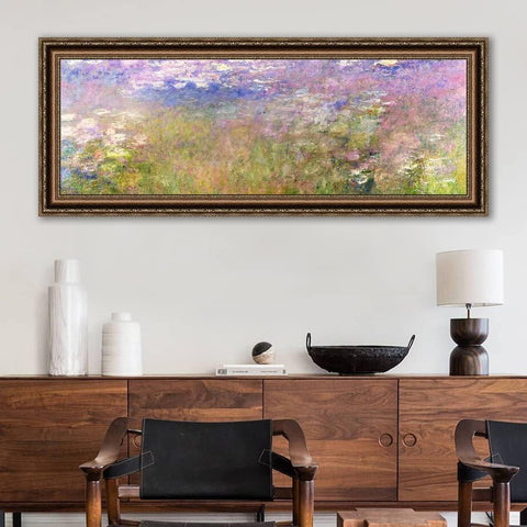 INVIN ART Framed Canvas Wall Art Water lily#34 by Claude Monet Famous Painting Artwork Decor for Home Office Decorations(Vintage Embossed gold frame,16"x36")
