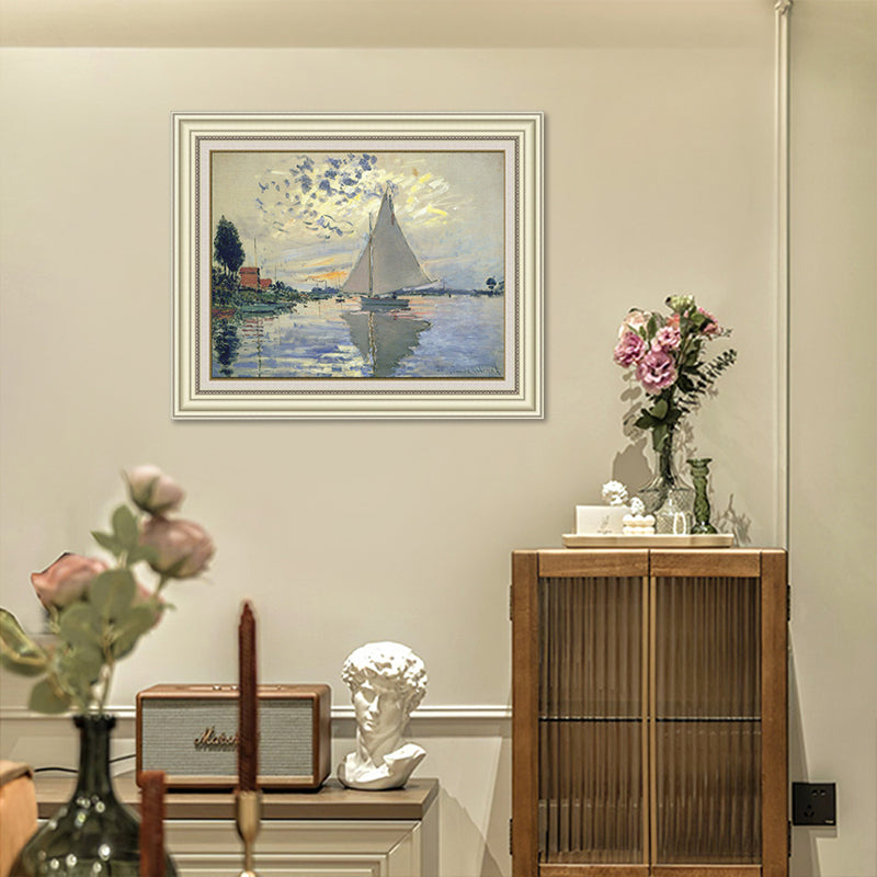 INVIN ART Framed Canvas Art Giclee Print Sailboat at Le Petit-Gennevilliers, 1874 by Claude Monet Wall Art  (Beige Color Frame with Linen Liner,20"x24")