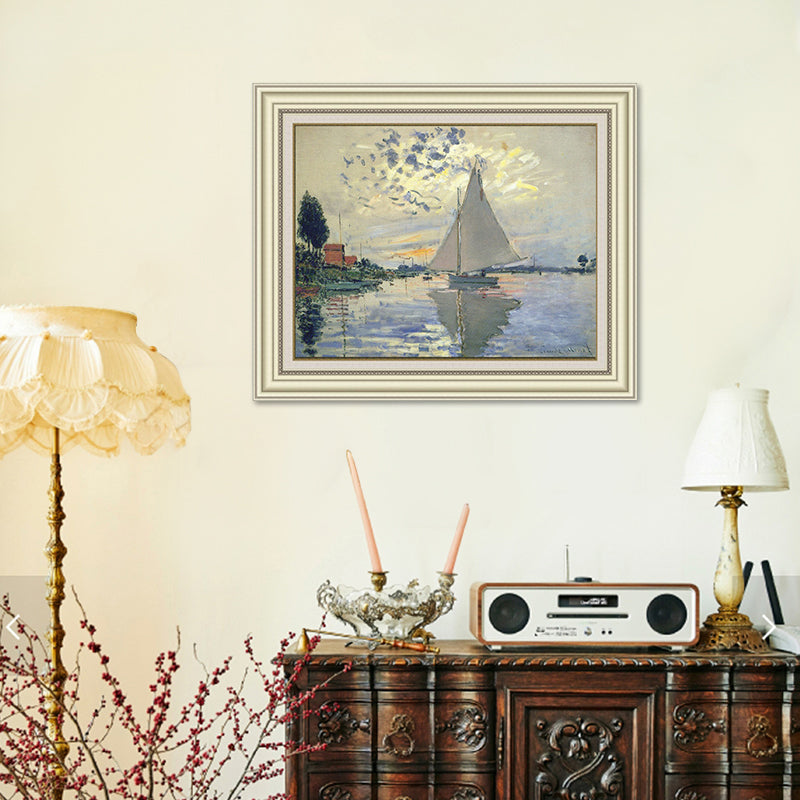 INVIN ART Framed Canvas Art Giclee Print Sailboat at Le Petit-Gennevilliers, 1874 by Claude Monet Wall Art  (Beige Color Frame with Linen Liner,20"x24")