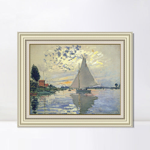 INVIN ART Framed Canvas Art Giclee Print Sailboat at Le Petit-Gennevilliers, 1874 by Claude Monet Wall Art  (Beige Color Frame with Linen Liner,20"x24")