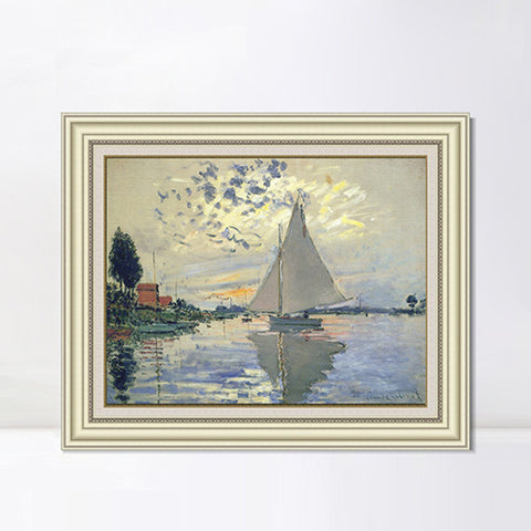 INVIN ART Framed Canvas Art Giclee Print Sailboat at Le Petit-Gennevilliers, 1874 by Claude Monet Wall Art Living Room Home Office Decorations (Beige Color Frame with Linen Liner,20"x24")