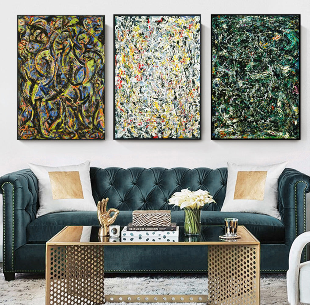 INVIN ART Combo Painting 3 Pieces by Jackson Pollock Framed Canvas Giclee Print Art Abstract Wall Art Series #2(Black Slim Frame,24"x32"Each Piece)