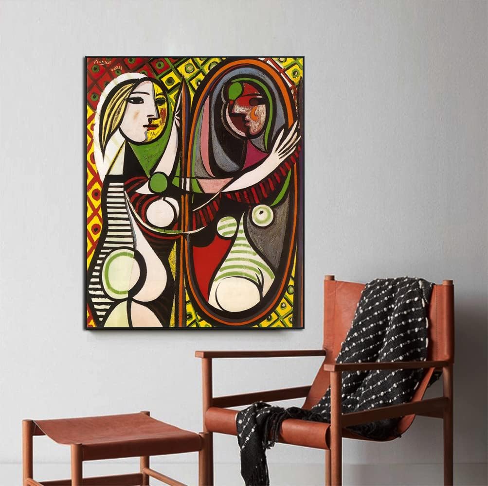 INVIN ART Framed Canvas Giclee Print Art Girl Before a Mirror by Pablo Picasso Wall Art (Black Slim Frame,24"x32")