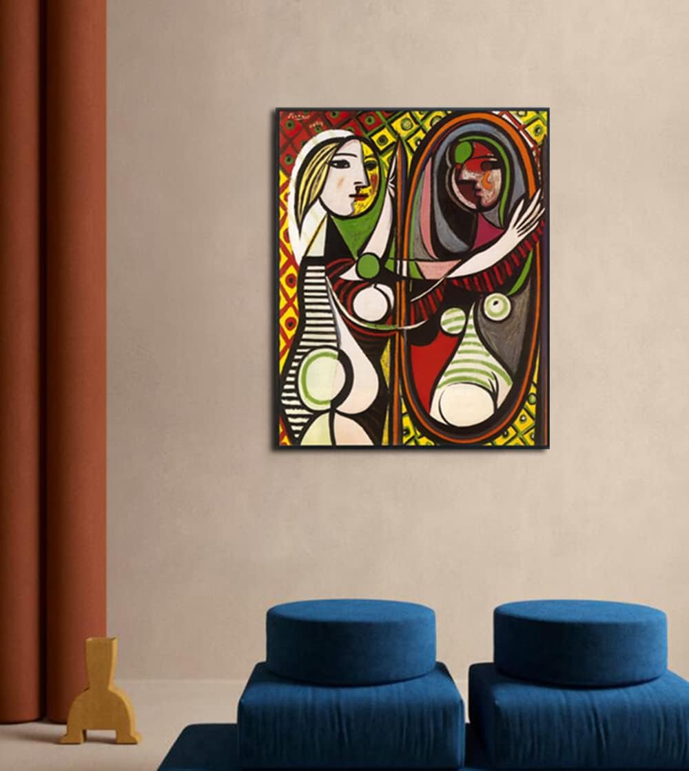 INVIN ART Framed Canvas Giclee Print Art Girl Before a Mirror by Pablo Picasso Wall Art (Black Slim Frame,24"x32")