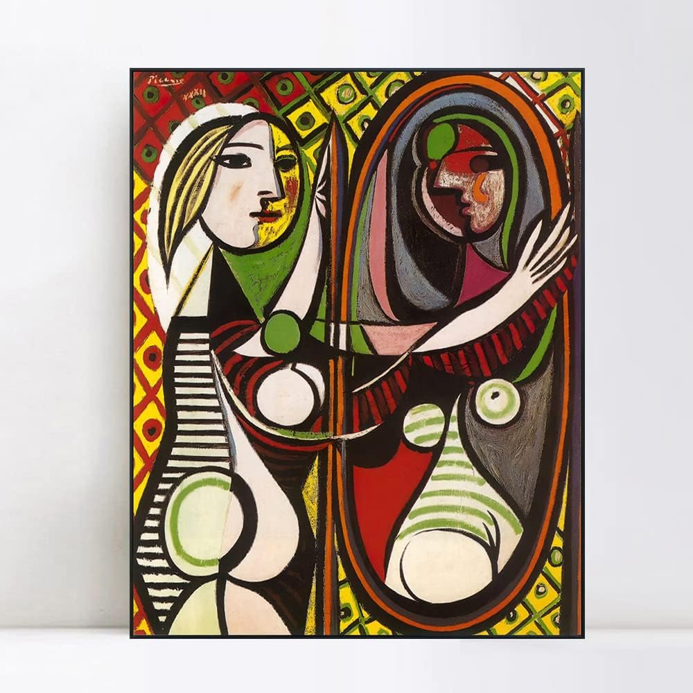 INVIN ART Framed Canvas Giclee Print Art Girl Before a Mirror by Pablo Picasso Wall Art (Black Slim Frame,24"x32")