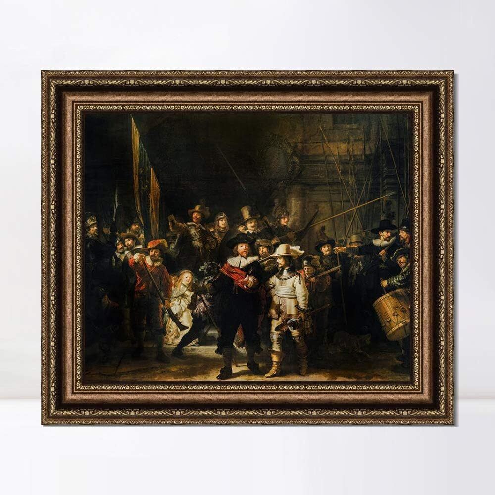 INVIN ART Framed Canvas Giclee Print The Night Watch by Rembrandt Harmenszoon Wall Art  (Vintage Embossed Gold Frame,26"x32")