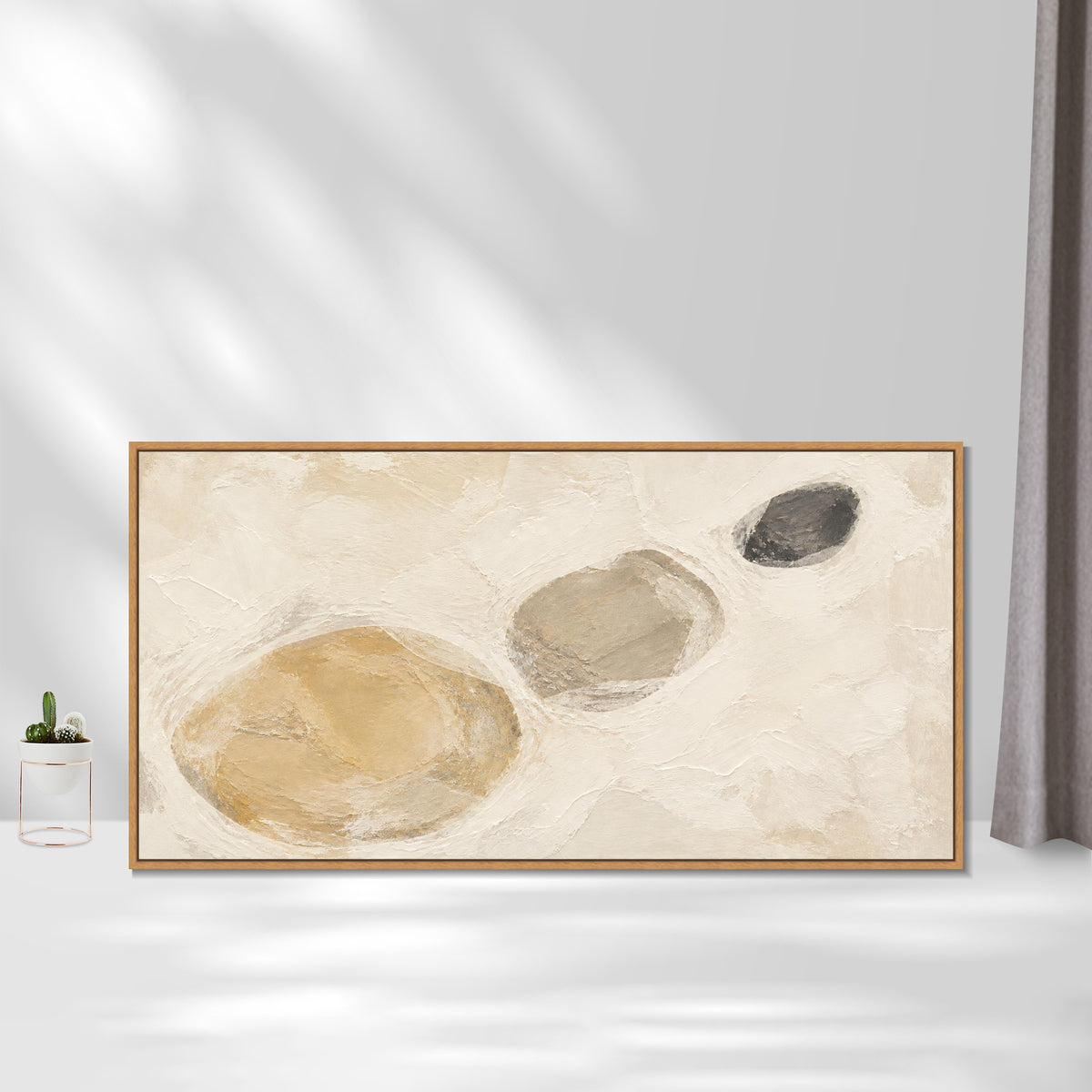 INVIN ART Framed Canvas 100% Handpainted Oil Painting Three Pebble Shapes Wall Art