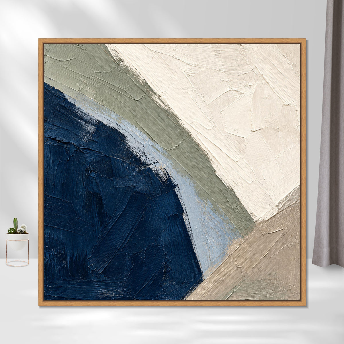 INVIN ART Framed Canvas 100% Handpainted Oil Painting Deep Blue Curved Shore Wall Art