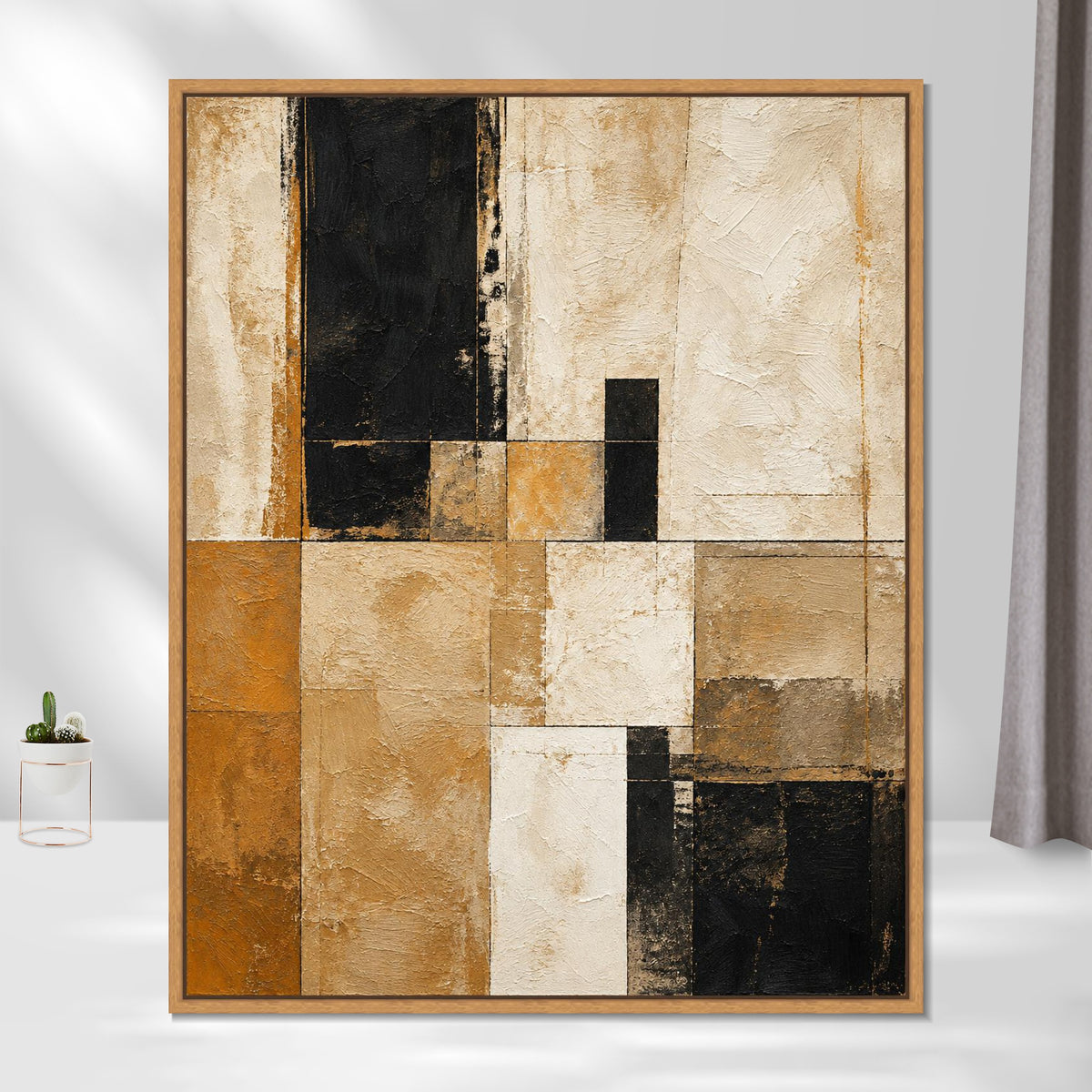 INVIN ART Framed Canvas 100% Handpainted Oil Painting Sand and Black Grid Wall Art