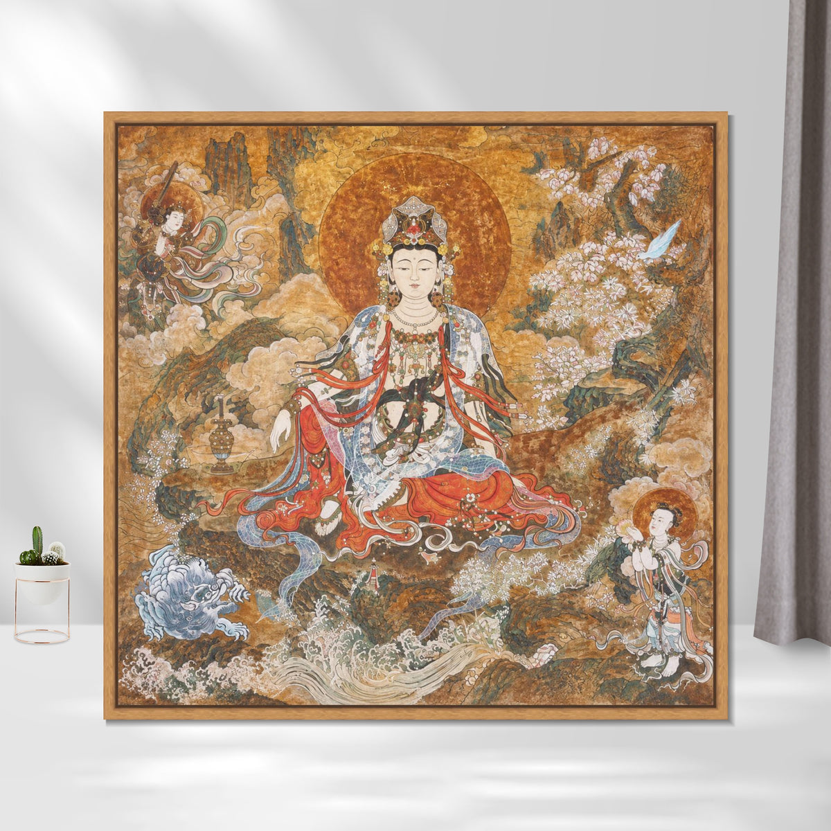 INVIN ART Framed Canvas 100% Handpainted Oil Painting Guanyin Among Blossoms Wall Art