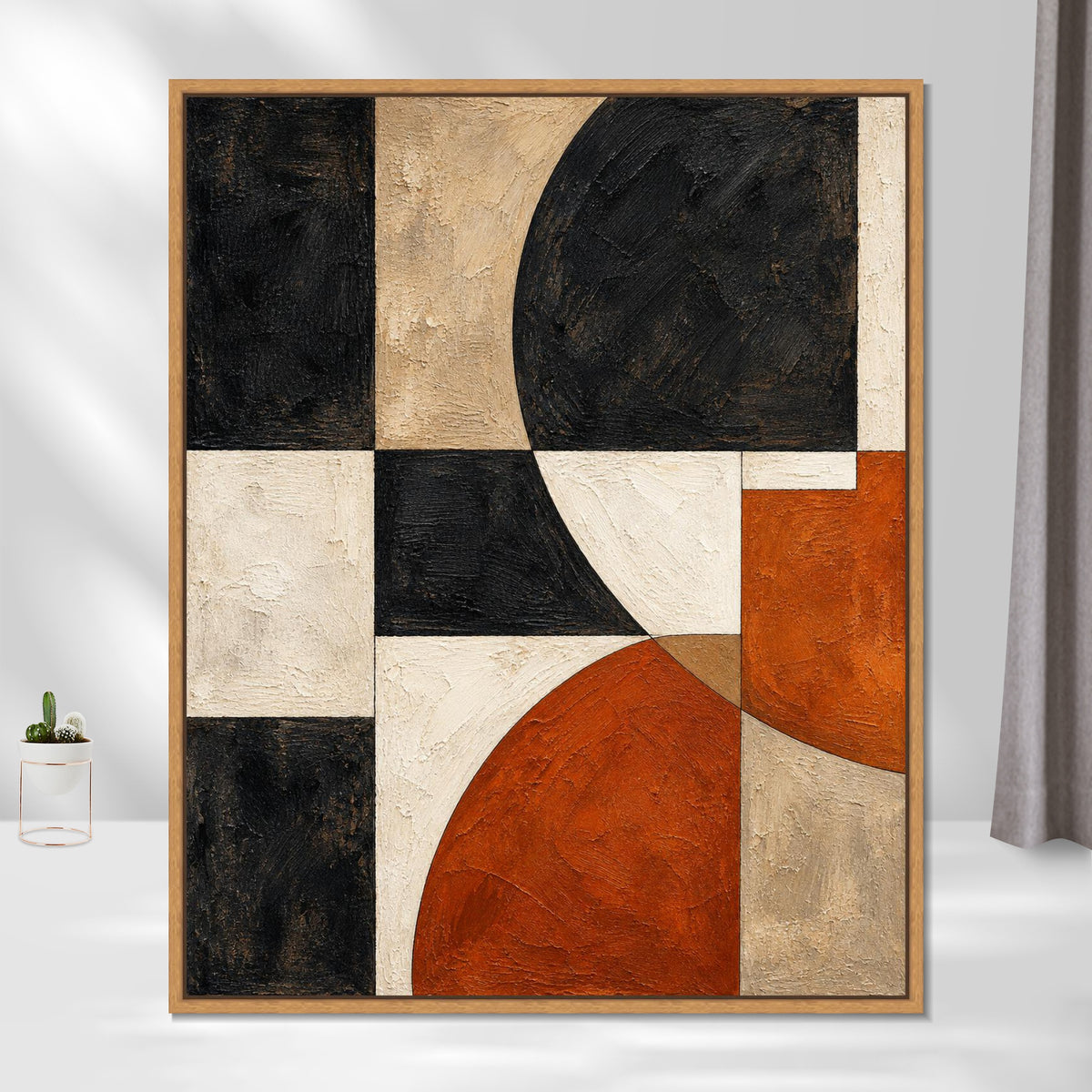 INVIN ART Framed Canvas 100% Handpainted Oil Painting Black and Rust Arc Grid Wall Art