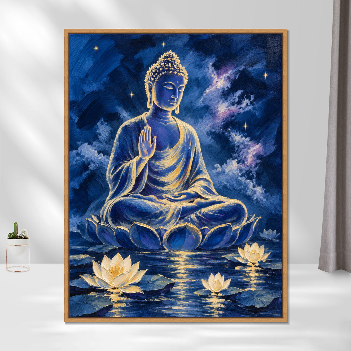 INVIN ART Framed Canvas 100% Handpainted Oil Painting Buddha Above the Lotus Pool Wall Art