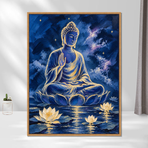 INVIN ART Framed Canvas 100% Handpainted Oil Painting Buddha Above the Lotus Pool Wall Art