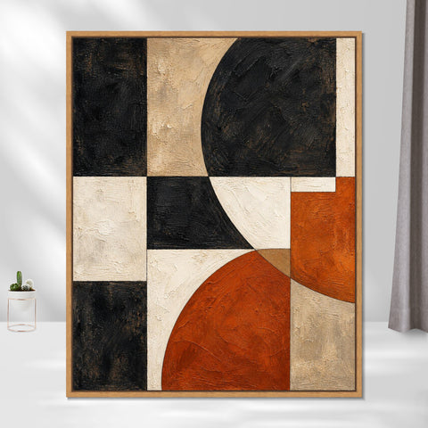INVIN ART Framed Canvas 100% Handpainted Oil Painting Black and Rust Arc Grid Wall Art