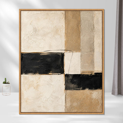 INVIN ART Framed Canvas 100% Handpainted Oil Painting Black Bands and Sand Columns Wall Art