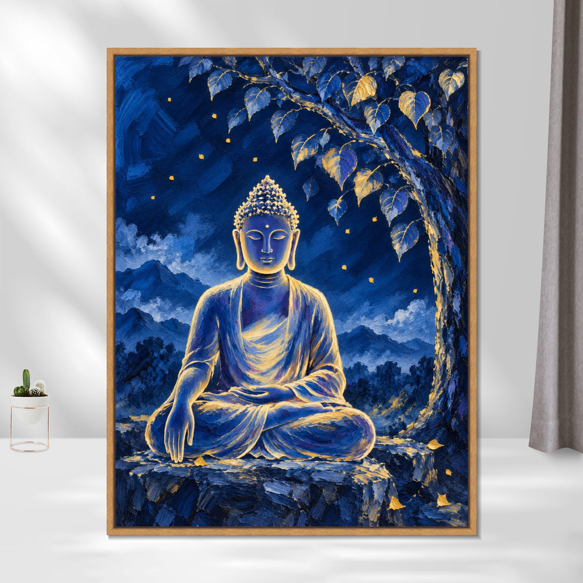 INVIN ART Framed Canvas 100% Handpainted Oil Painting Buddha Beneath the Night Tree Wall Art