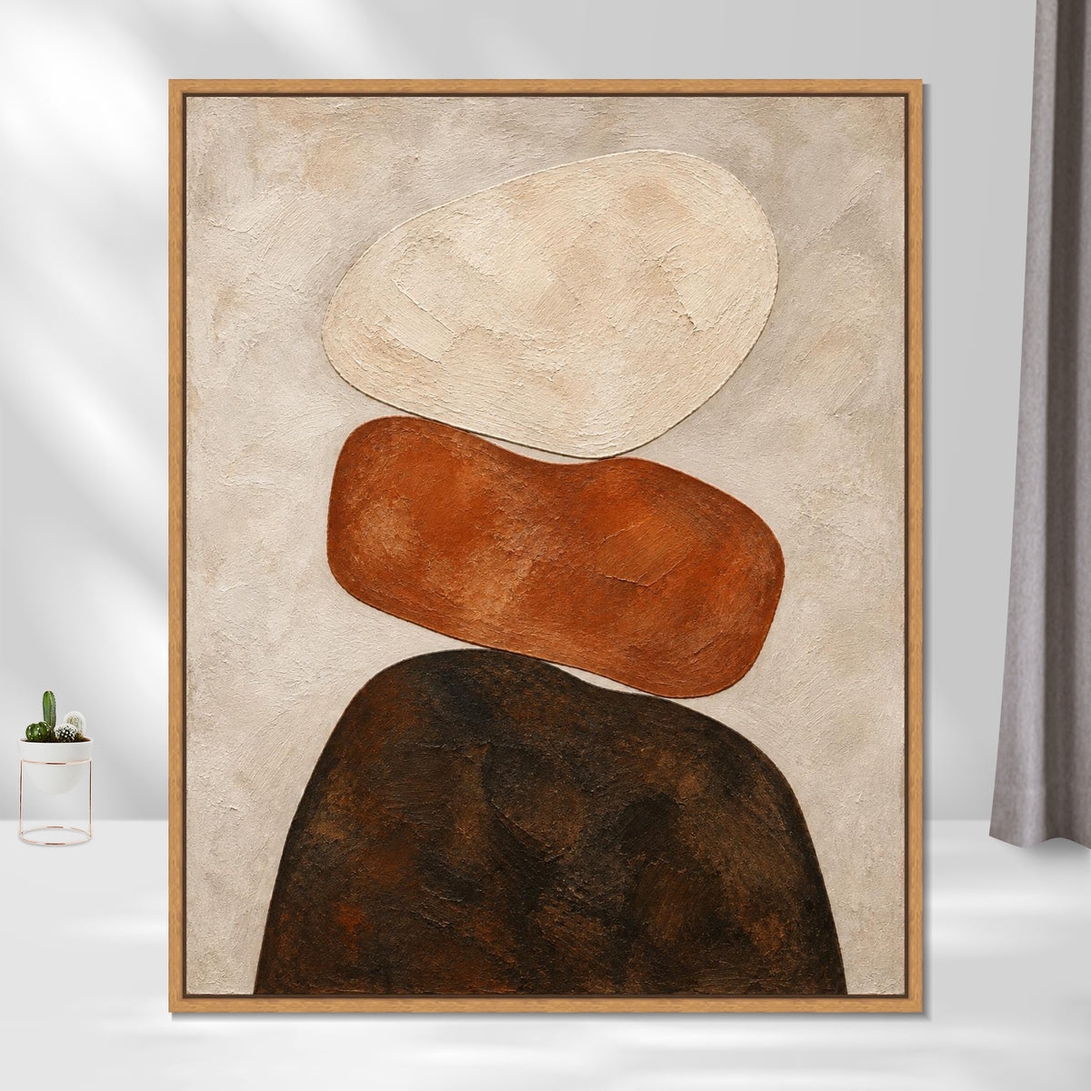 INVIN ART Framed Canvas 100% Handpainted Oil Painting Stacked Stone Shapes Wall Art