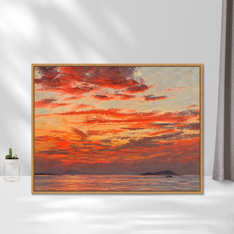 INVIN ART Framed Canvas 100% Handpainted Oil Painting Crimson Evening Over the Sea Wall Art