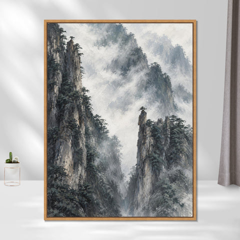 INVIN ART Framed Canvas 100% Handpainted Oil Painting Clouds Around Stone Peaks Wall Art