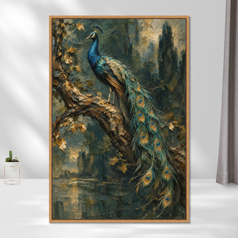 INVIN ART Framed Canvas 100% Handpainted Oil Painting Peacock on a Woodland Branch Wall Art