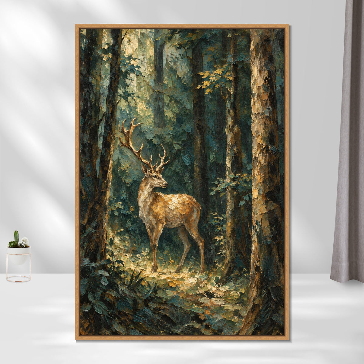 INVIN ART Framed Canvas 100% Handpainted Oil Painting Stag in the Forest Light Wall Art