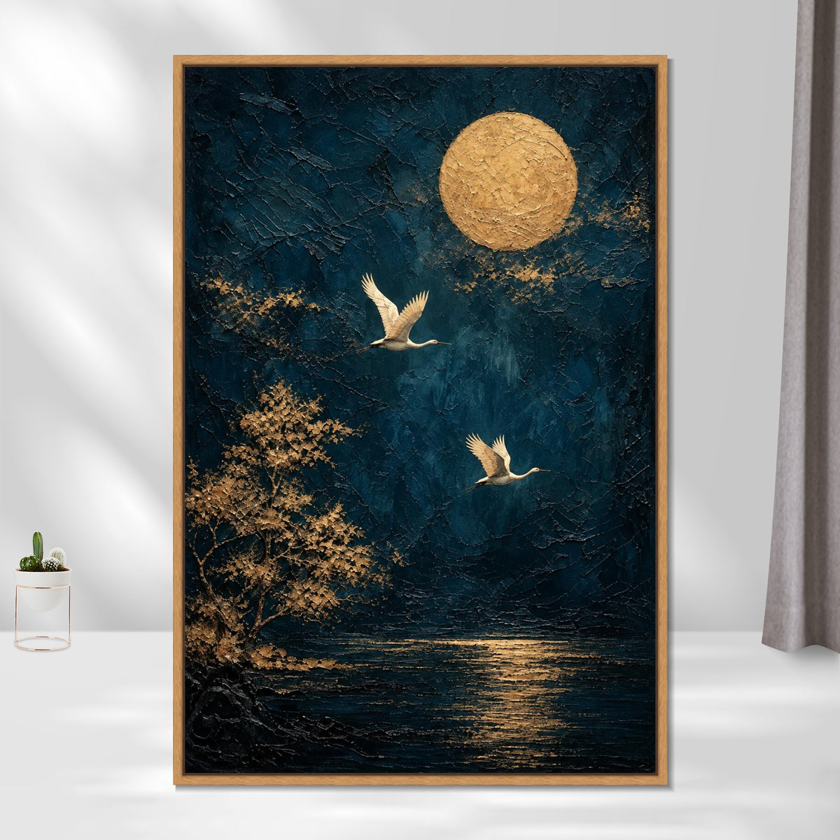 INVIN ART Framed Canvas 100% Handpainted Oil Painting Two Birds Beneath a Golden Moon Wall Art