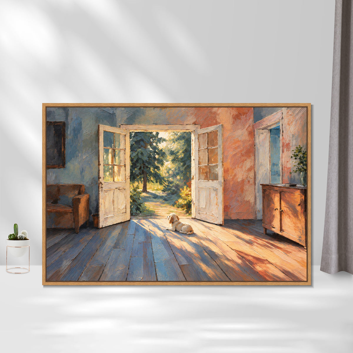 INVIN ART Framed Canvas 100% Handpainted Oil Painting Little Dog in the Doorway Light Wall Art