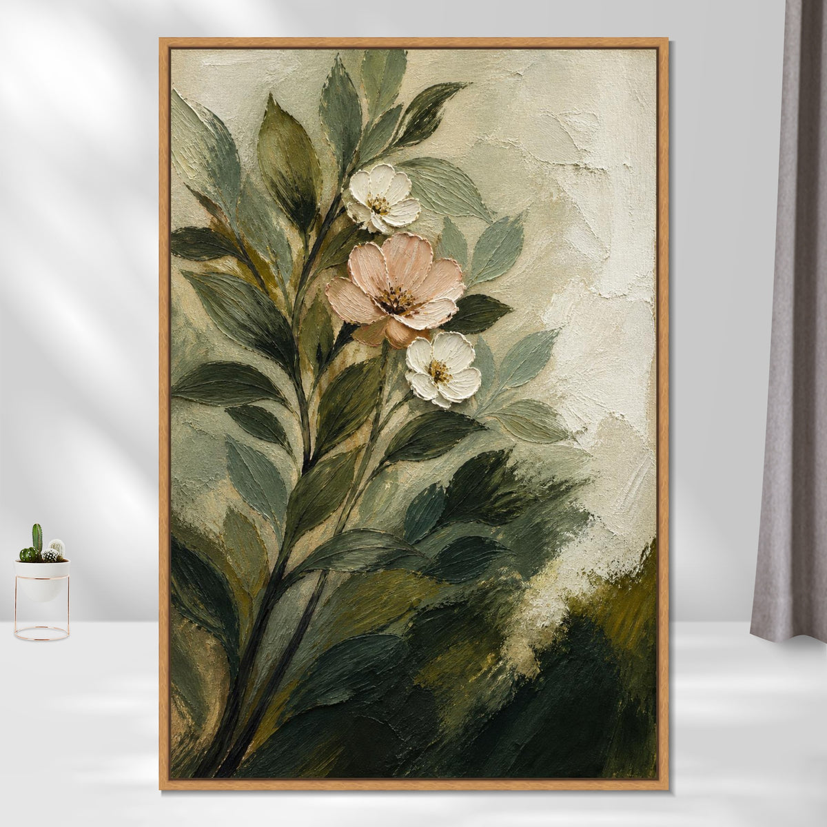 INVIN ART Framed Canvas 100% Handpainted Oil Painting Pale Blossoms Among Leaves Wall Art