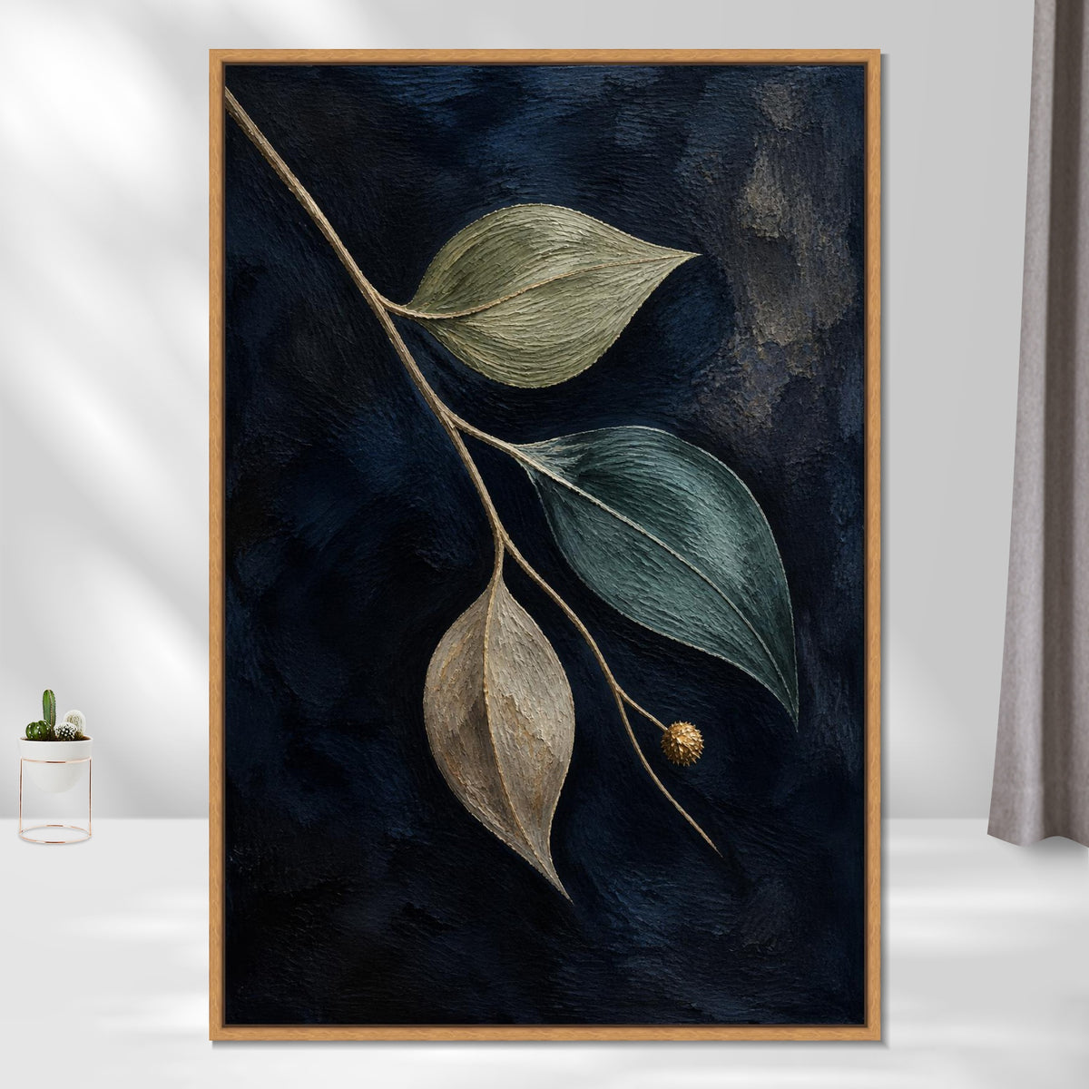 INVIN ART Framed Canvas 100% Handpainted Oil Painting Leaves Against Midnight Blue Wall Art