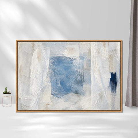 INVIN ART Framed Canvas 100% Handpainted Oil Painting Blue Window Traces Wall Art