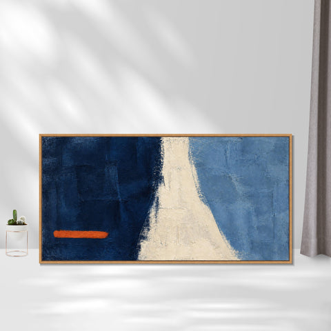 INVIN ART Framed Canvas 100% Handpainted Oil Painting Orange Line Across Blue Wall Art
