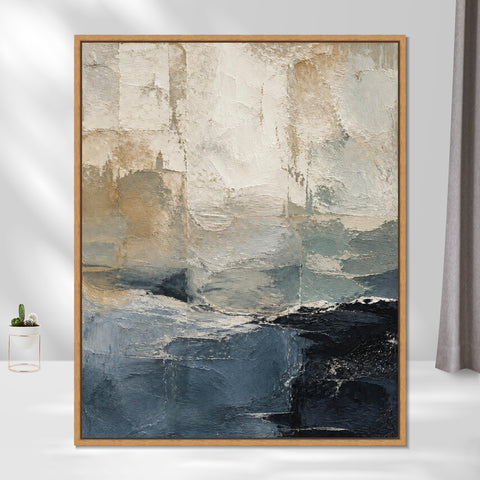 INVIN ART Framed Canvas 100% Handpainted Oil Painting Blue Gray Layered Shore Wall Art
