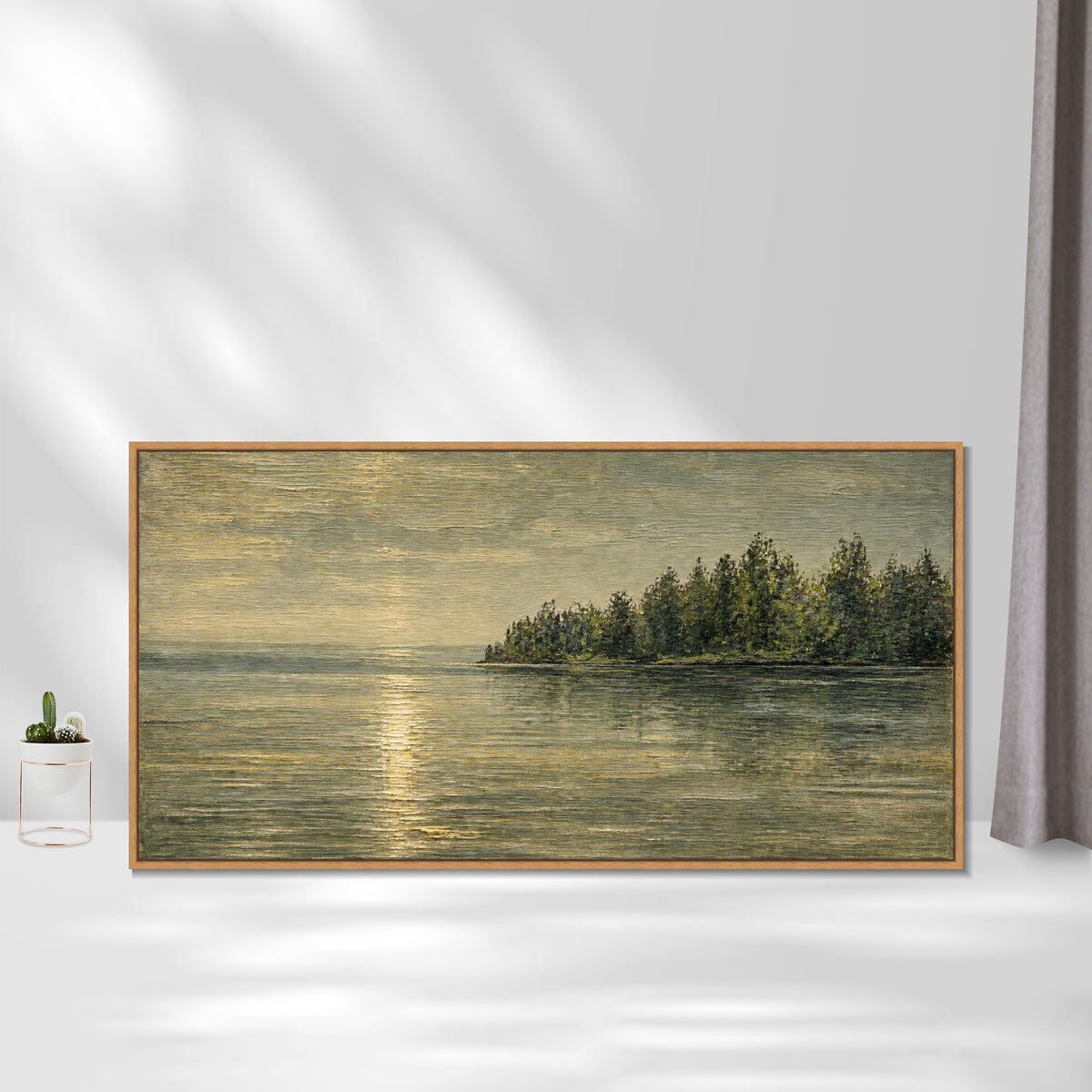 INVIN ART Framed Canvas 100% Handpainted Oil Painting Golden Light by the Forest Shore Wall Art