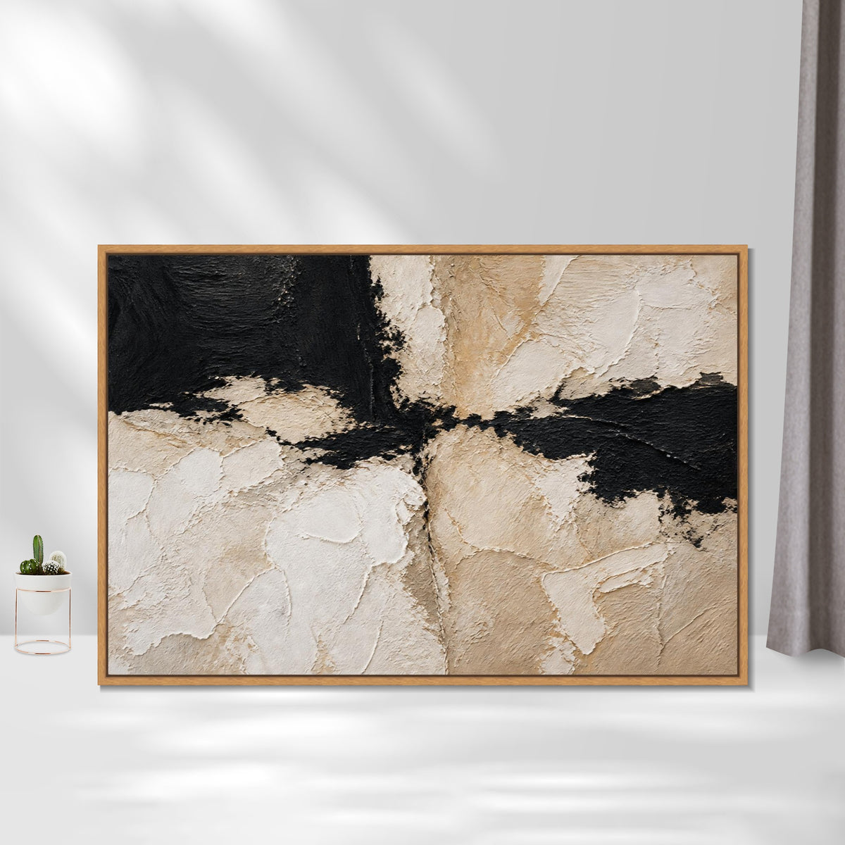 INVIN ART Framed Canvas 100% Handpainted Oil Painting Black and White Divide Wall Art