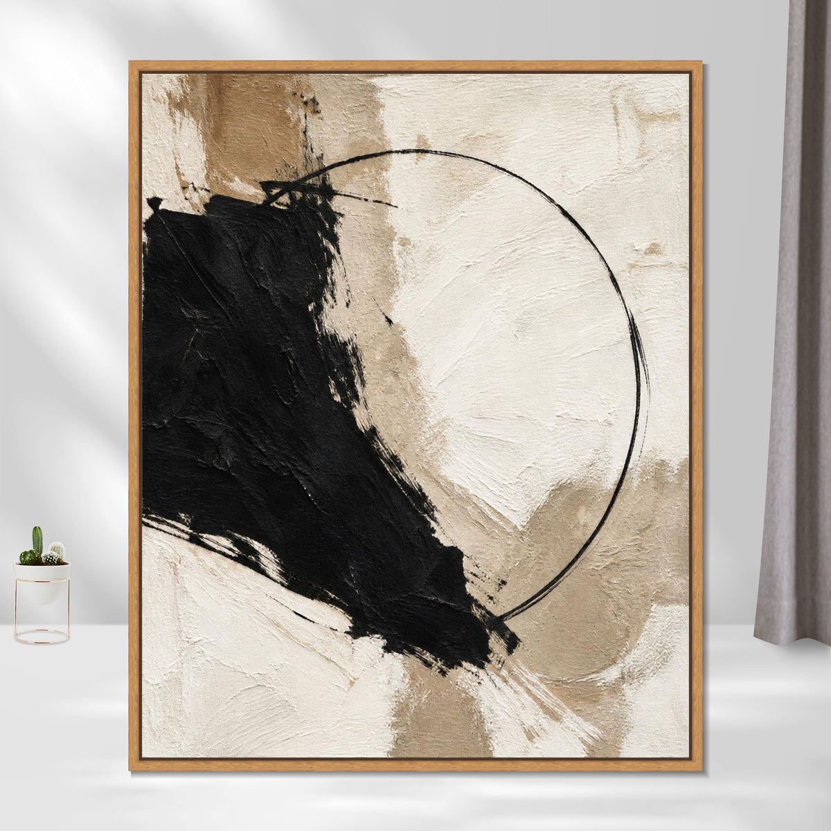 INVIN ART Framed Canvas 100% Handpainted Oil Painting Black Form and a Fine Circle Wall Art