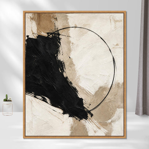 INVIN ART Framed Canvas 100% Handpainted Oil Painting Black Form and a Fine Circle Wall Art