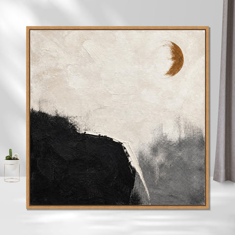 INVIN ART Framed Canvas 100% Handpainted Oil Painting Ochre Moon and Dark Shore Wall Art
