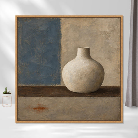 INVIN ART Framed Canvas 100% Handpainted Oil Painting Pale Vase Against Blue Wall Art