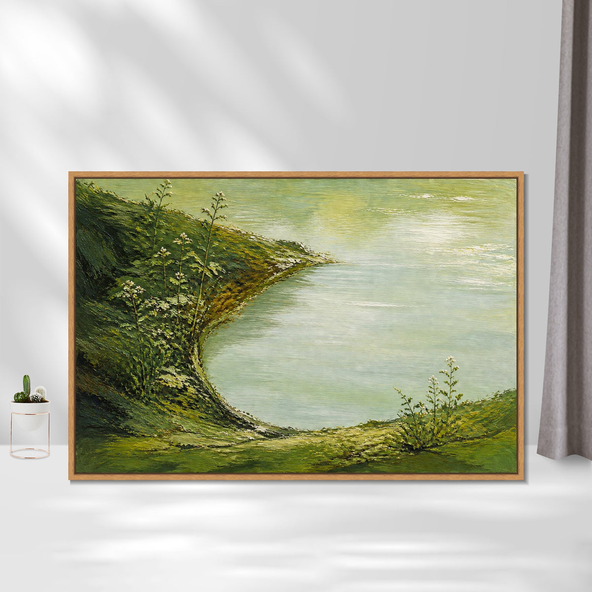INVIN ART Framed Canvas 100% Handpainted Oil Painting Green Shore and Lake Cove Wall Art