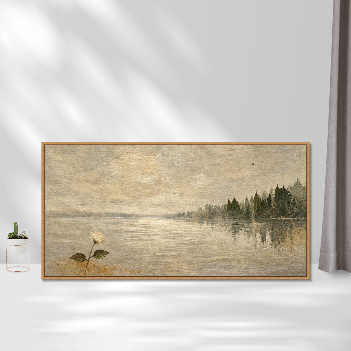 INVIN ART Framed Canvas 100% Handpainted Oil Painting One Flower by the Lake Wall Art