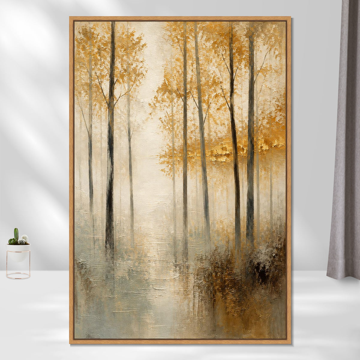 INVIN ART Framed Canvas 100% Handpainted Oil Painting Golden Leaves in Mist Wall Art