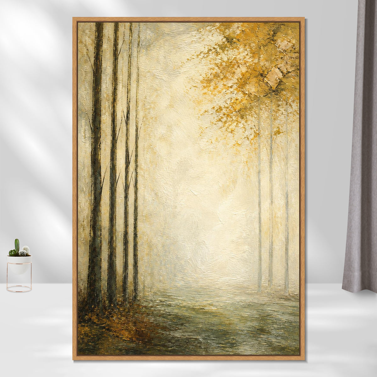 INVIN ART Framed Canvas 100% Handpainted Oil Painting Morning Light at the Forest Edge Wall Art